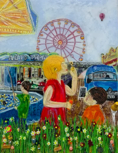 Tableau coloré en relief représentant une fête foraine avec une grande roue et des enfants jouant, réalisé par Robin Laffargue avec une technique de résine multicouche.