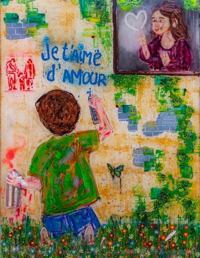 Tableau JE T'AIME D'AMOUR de la collection GAMIN par l'artiste plasticien Robin Laffargue à Toulouse. Résine et relief sur aluminium.