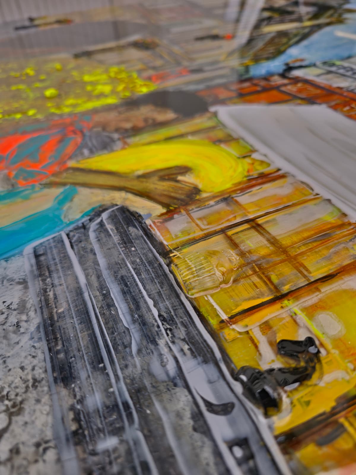 perspective-matiere-aluminium-sira-robin-laffargue Vue rasante sur l'aluminium et l'épaisseur de la résine, tableau SIRA - Robin Laffargue Plasticien.